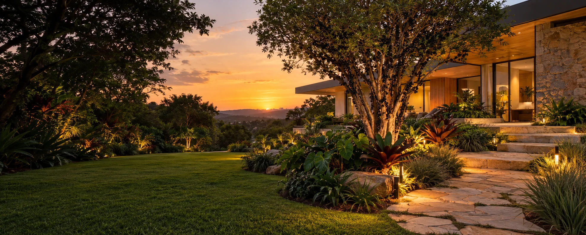 Imagem ilustrativa de casa contemporânea cercada por jardim tropical