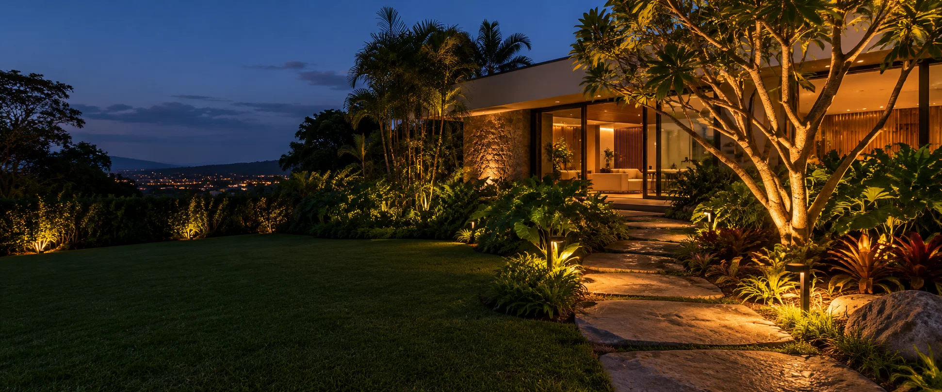 Imagem ilustrativa de jardim tropical iluminado ao anoitecer
