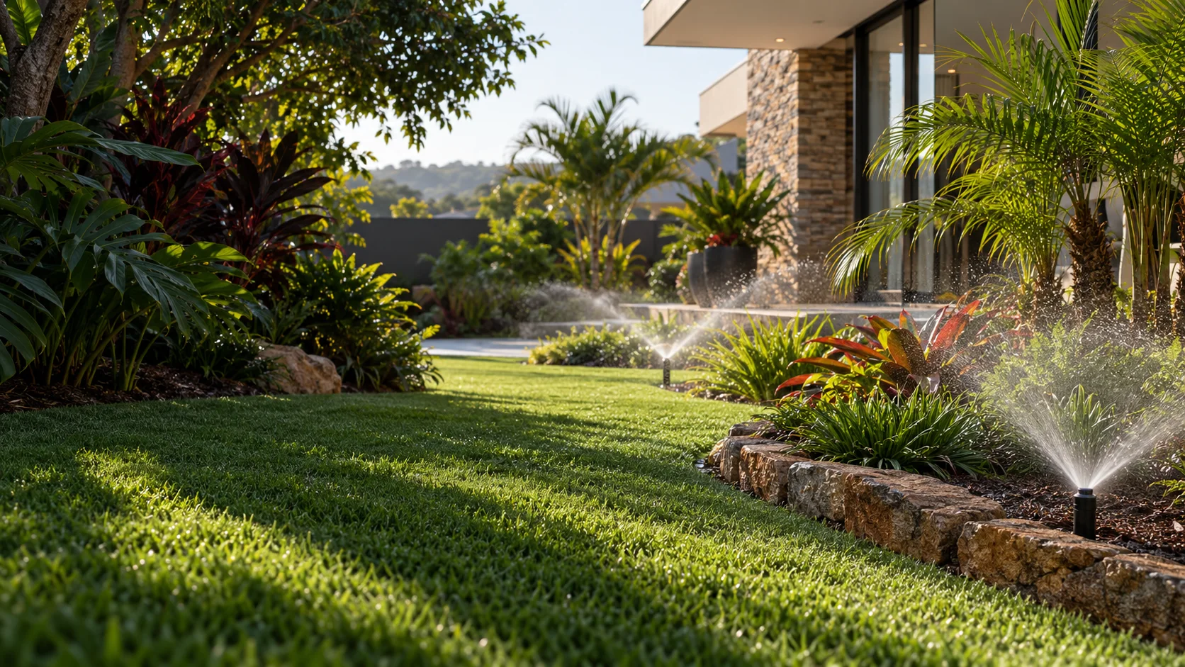 Imagem ilustrativa de irrigação em jardim residencial com gramado e plantas